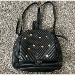 Bebe Los Angeles Black Faux Leather Mini Backpack Charm Bag Heart Key Star 10x12